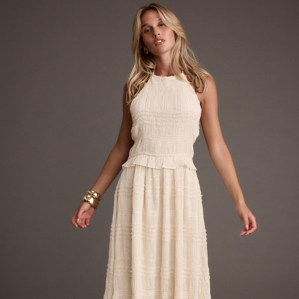 12th Tribe Quinn Ivory High Neck Shimmer Chiffon Maxi Dress Size XLXL